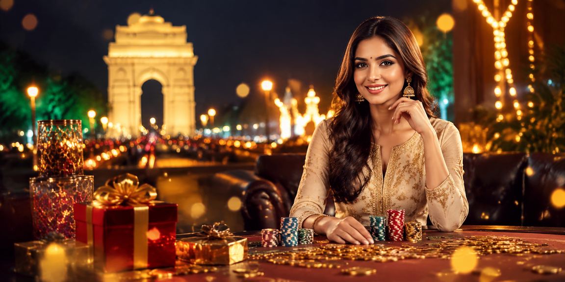 India Gate in Delhi with festive lottery and gaming theme